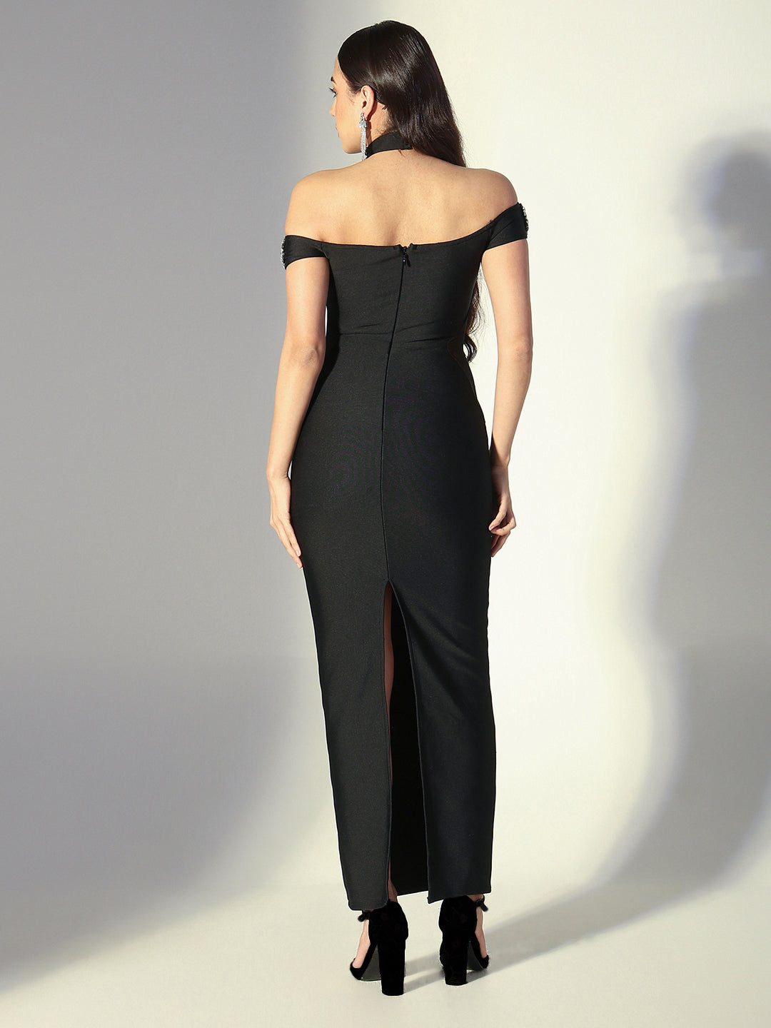 Women's Embellished Black Off-Shoulder Crystal Choker Maxi Dress