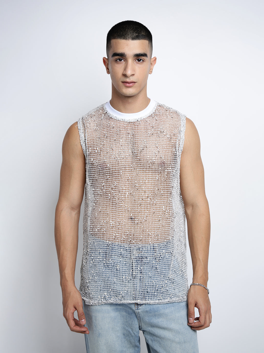 Men's White Sheer Sleeveless Round Neck Mesh T-Shirt