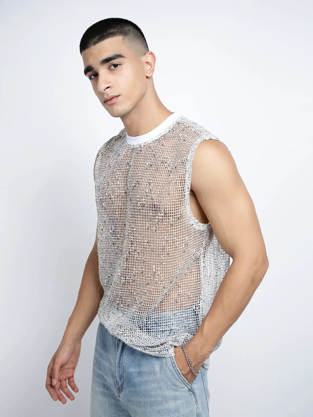 Men's White Sheer Sleeveless Round Neck Mesh T-Shirt - from SHOWOFFFF