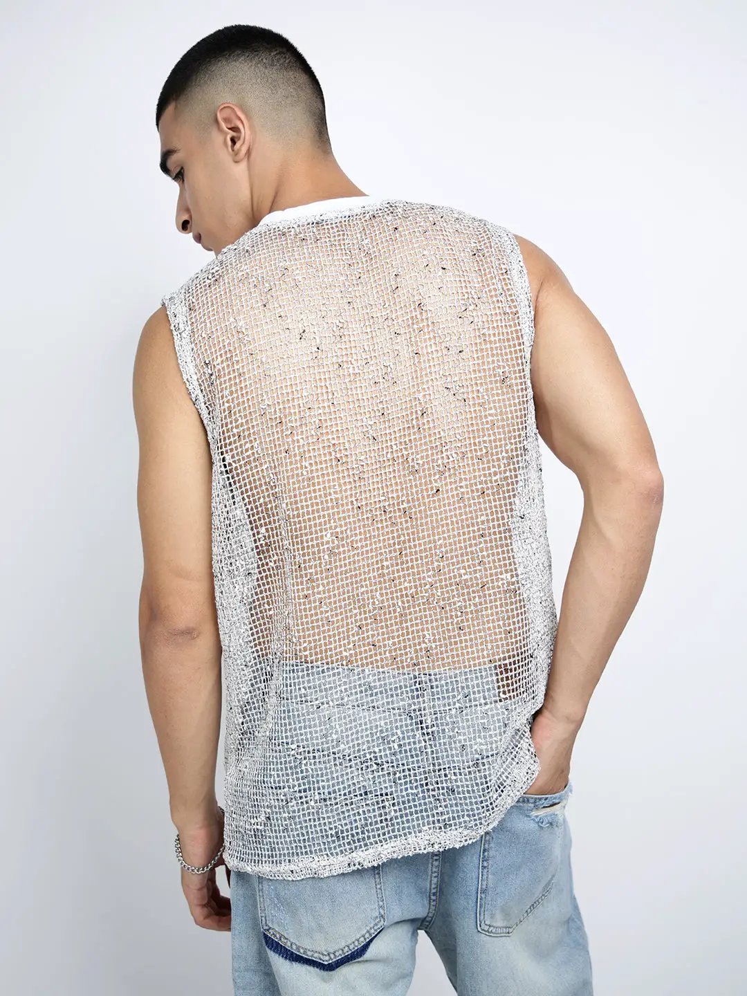 Men's White Sheer Sleeveless Round Neck Mesh T-Shirt - from SHOWOFFFF