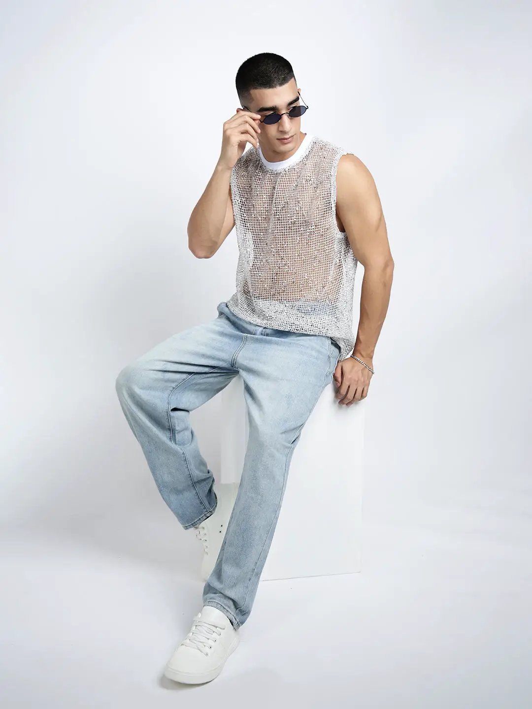 Men's White Sheer Sleeveless Round Neck Mesh T-Shirt - from SHOWOFFFF