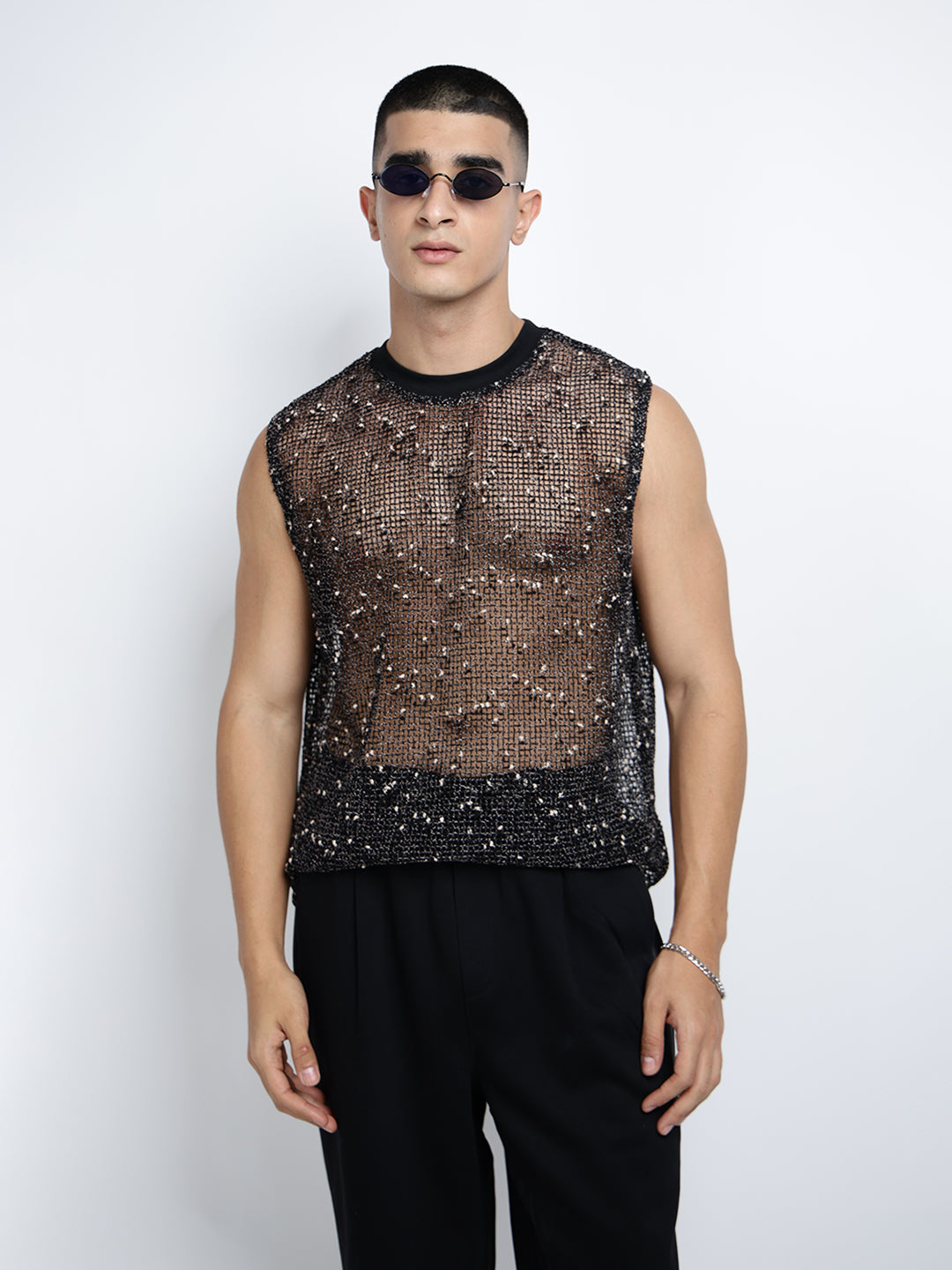 Men's Black Sheer Sleeveless Round Neck Mesh T-Shirt