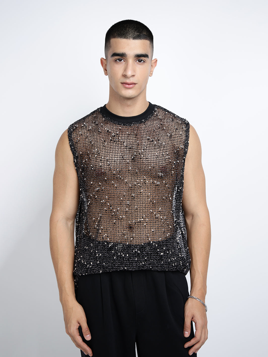 Men's Black Sheer Sleeveless Round Neck Mesh T-Shirt