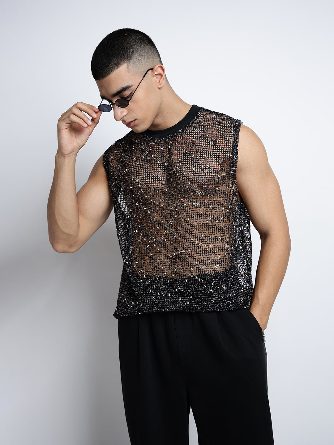 Men's Black Sheer Sleeveless Round Neck Mesh T-Shirt