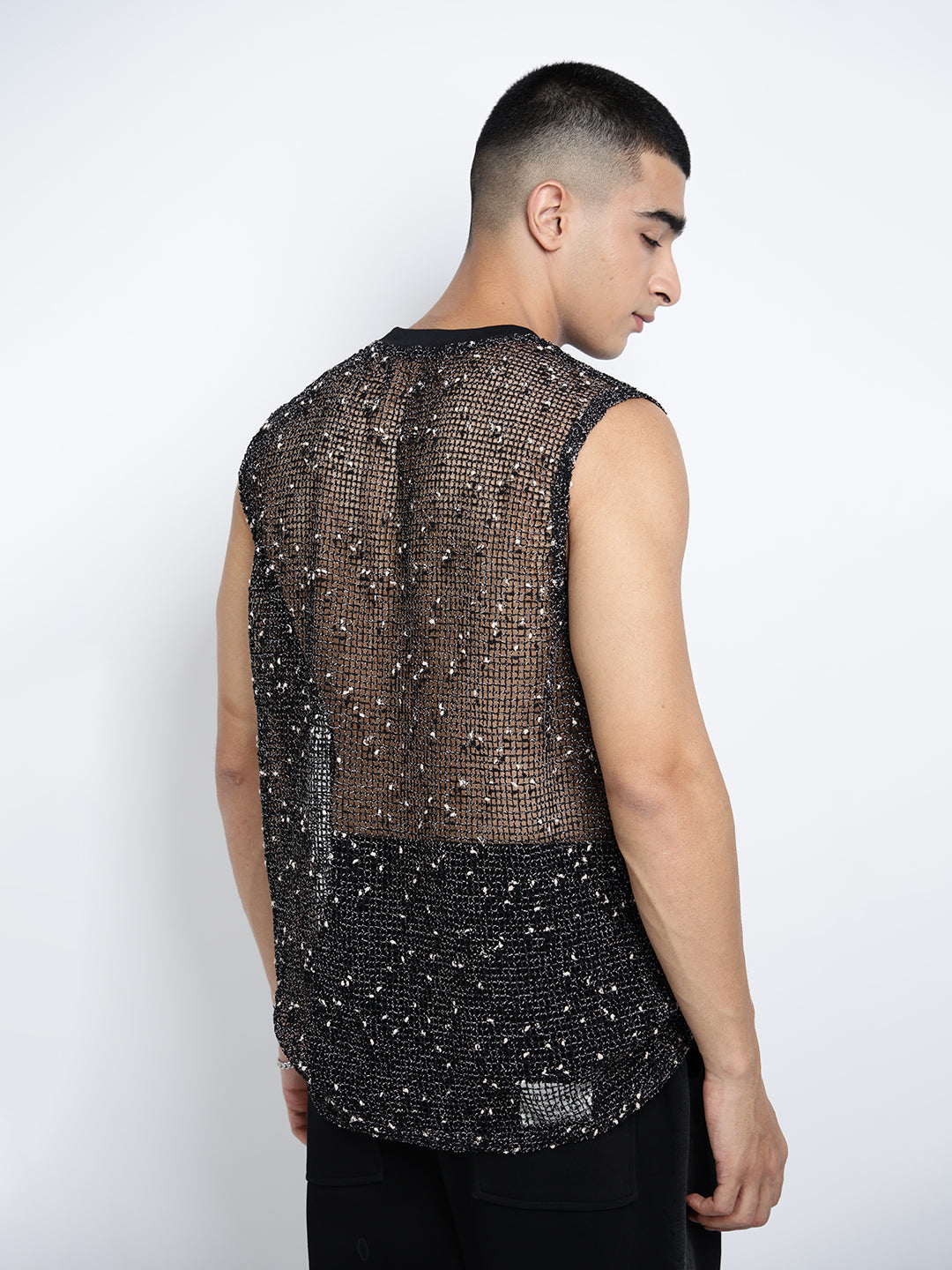Men's Black Sheer Sleeveless Round Neck Mesh T-Shirt