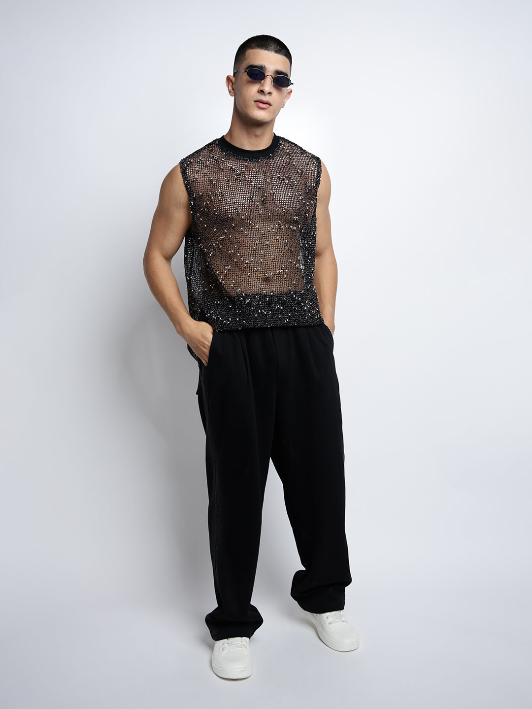 Men's Black Sheer Sleeveless Round Neck Mesh T-Shirt