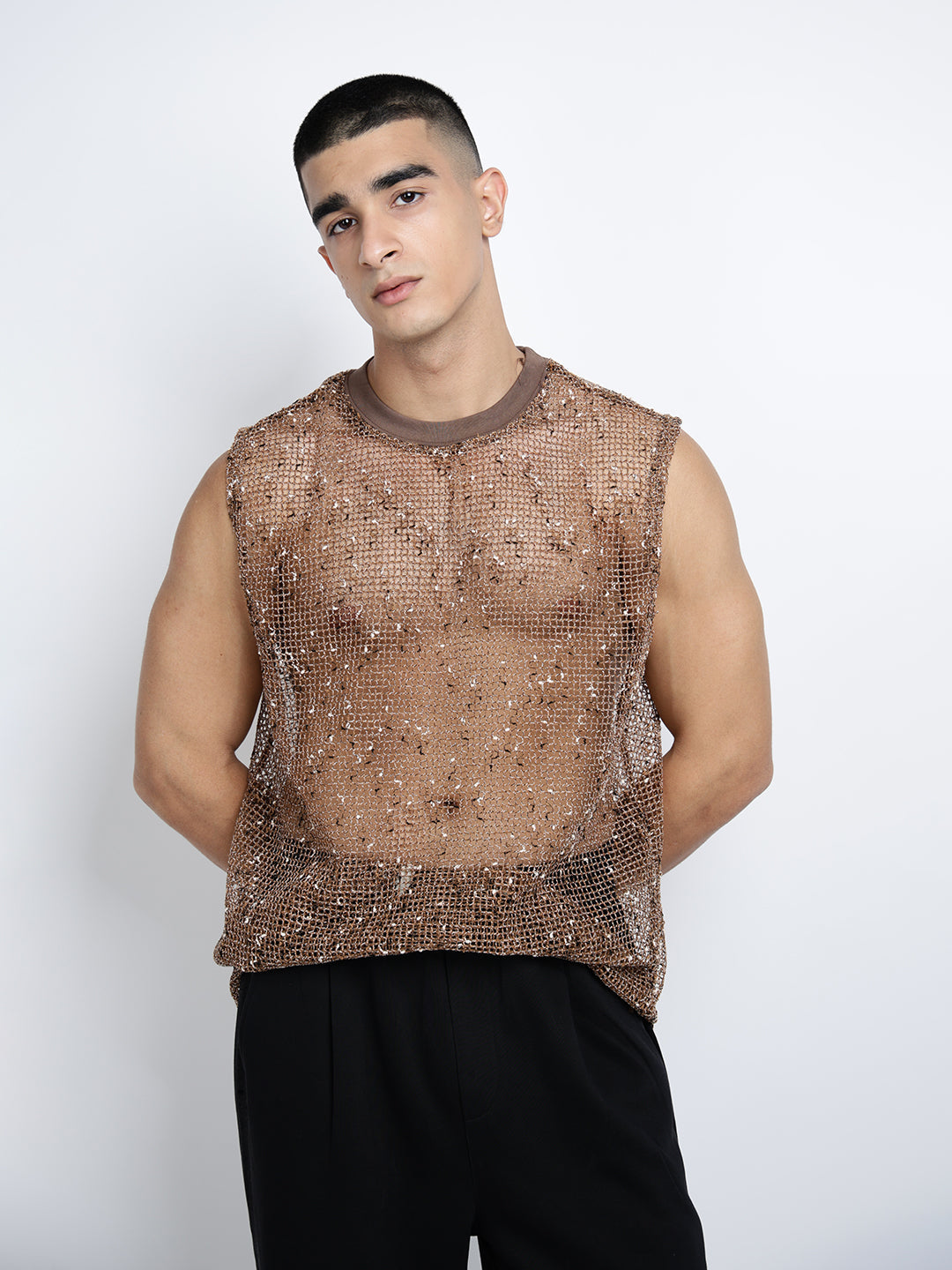 Men's Brown Sheer Sleeveless Round Neck Mesh T-Shirt