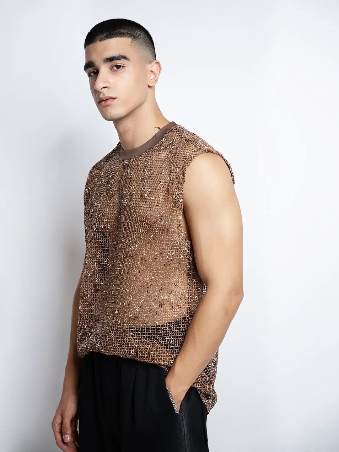 Men's Brown Sheer Sleeveless Round Neck Mesh T-Shirt - from SHOWOFFFF