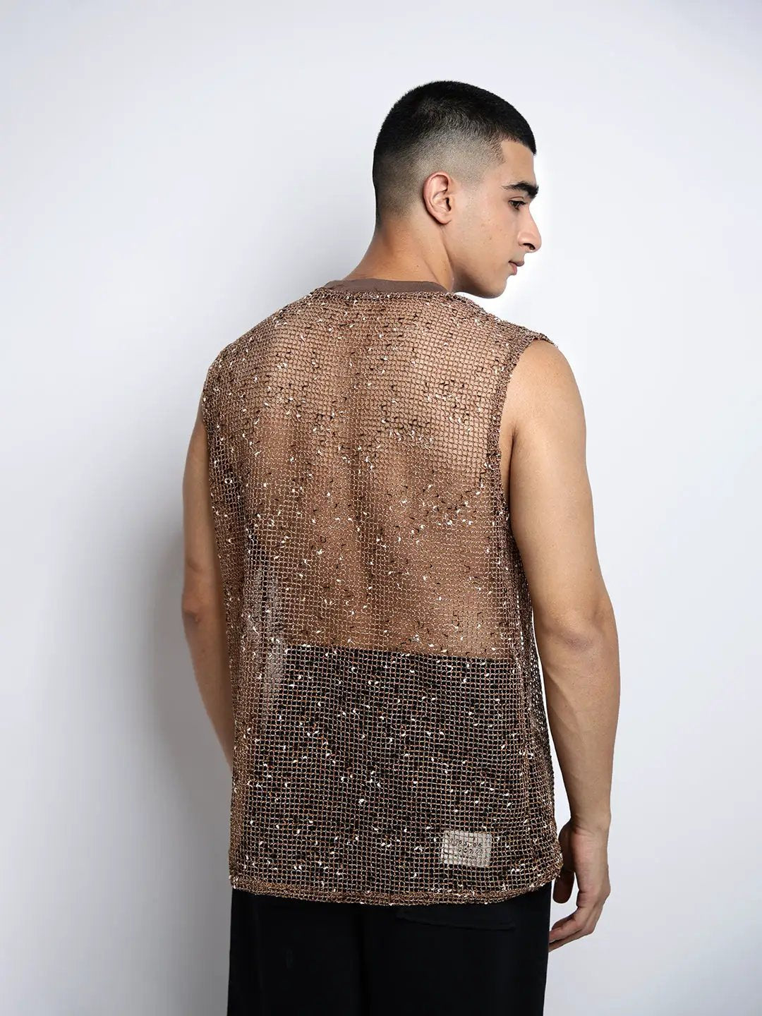 Men's Brown Sheer Sleeveless Round Neck Mesh T-Shirt - from SHOWOFFFF
