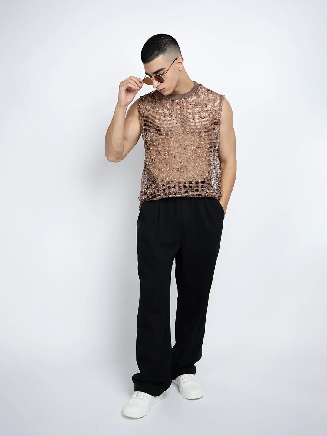 Men's Brown Sheer Sleeveless Round Neck Mesh T-Shirt - from SHOWOFFFF