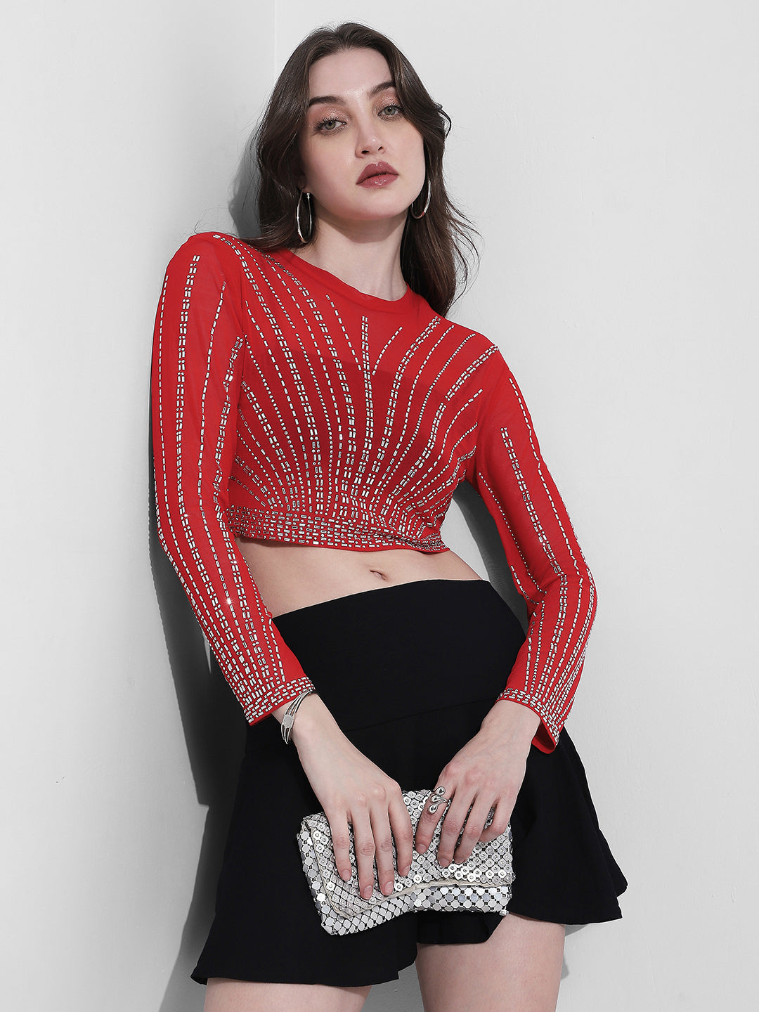 Women's Embellished Red Mesh Crop Top