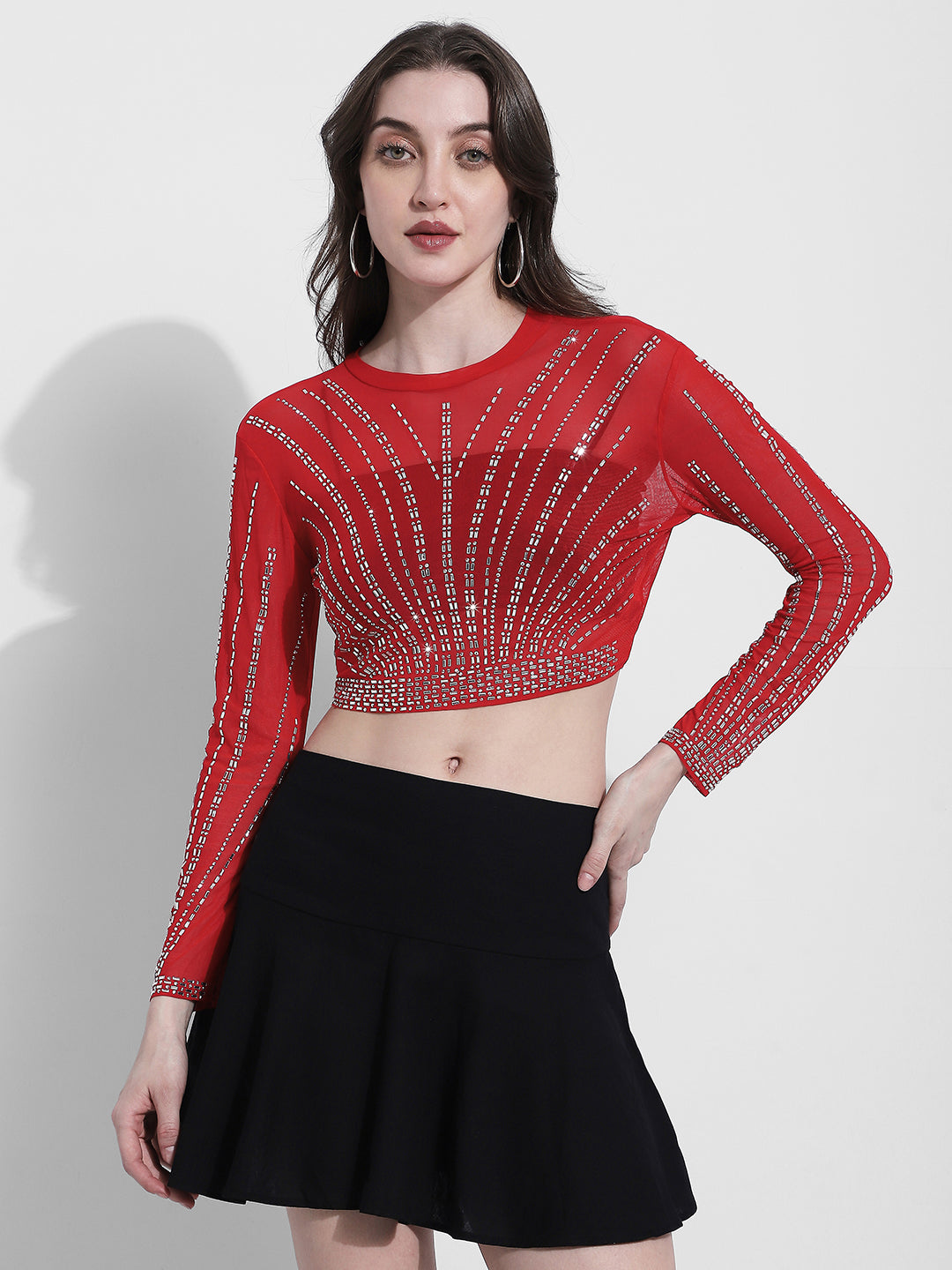 Women's Embellished Red Mesh Crop Top