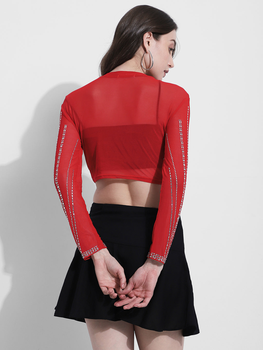 Women's Embellished Red Mesh Crop Top