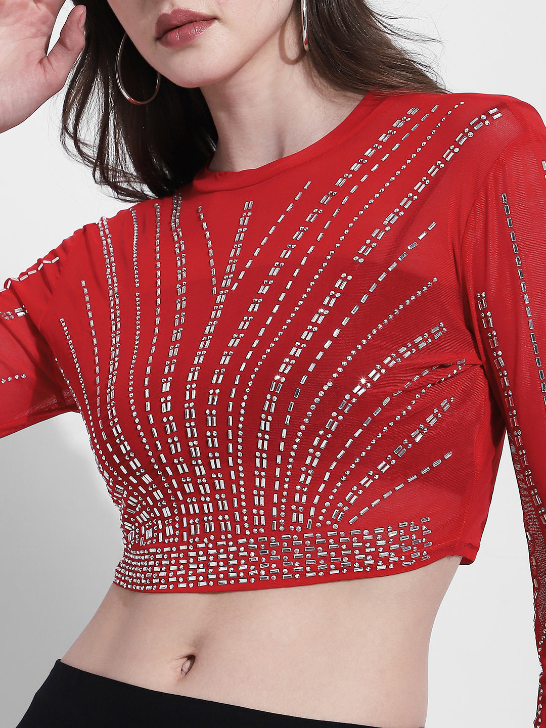 Women's Embellished Red Mesh Crop Top