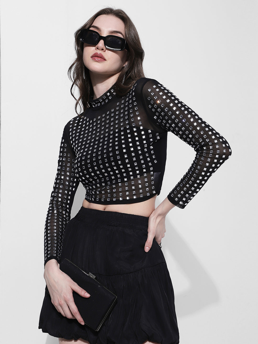 Women's Studded Black High Neck  Mesh Crop Top