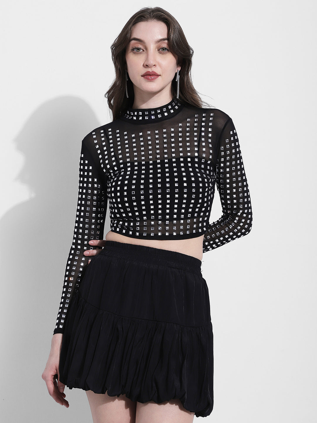 Women's Studded Black High Neck  Mesh Crop Top