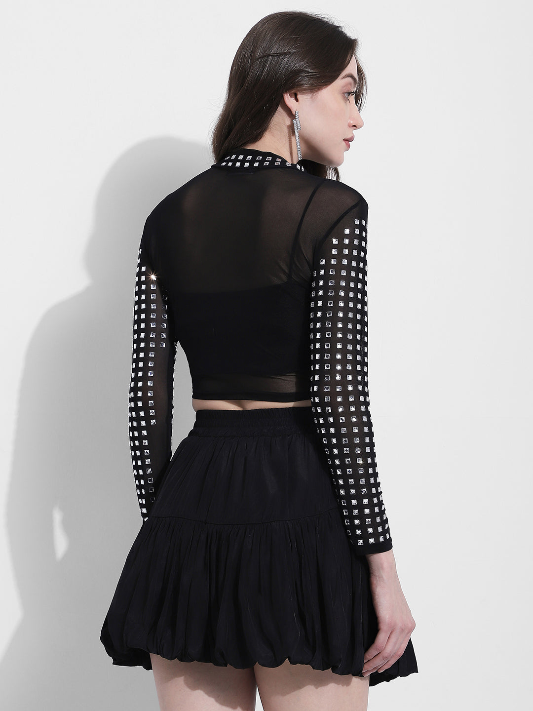 Women's Studded Black High Neck  Mesh Crop Top