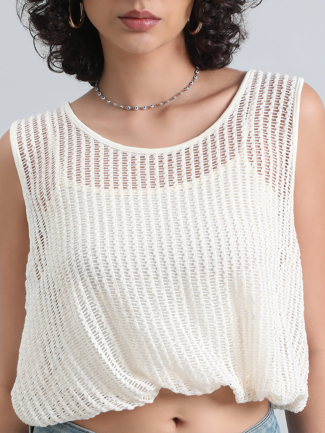 Women's Off White Crochet Top with Attached Inner