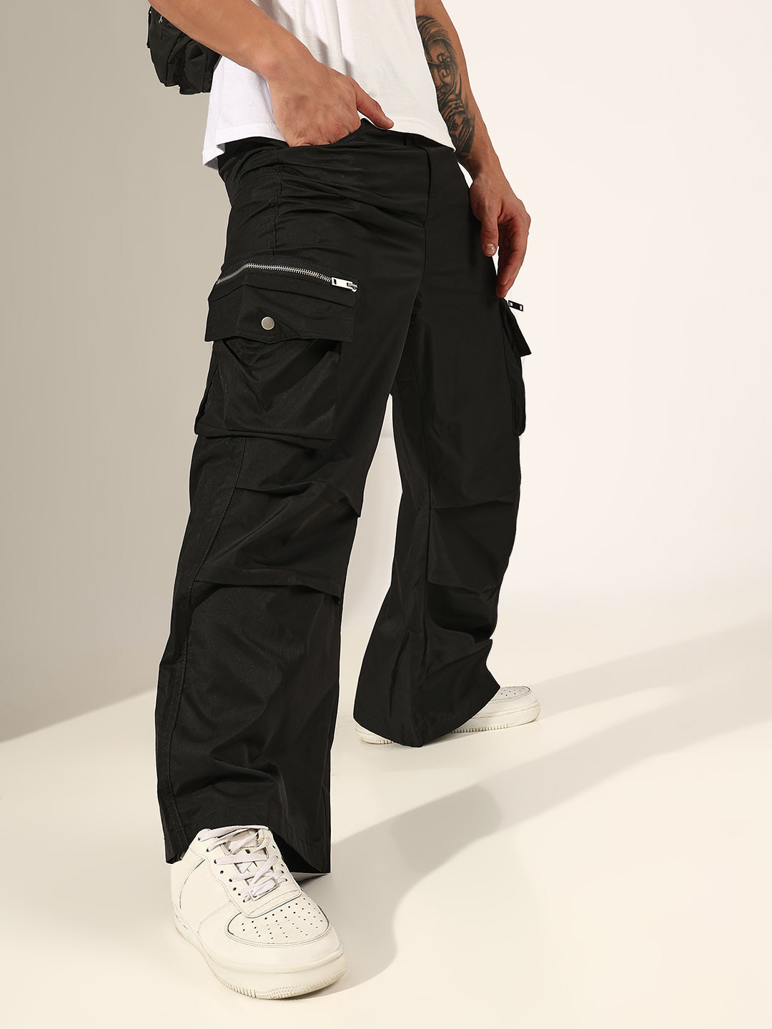 Men's Black Relaxed Fit Cargo Trousers with Multi Utility Pockets