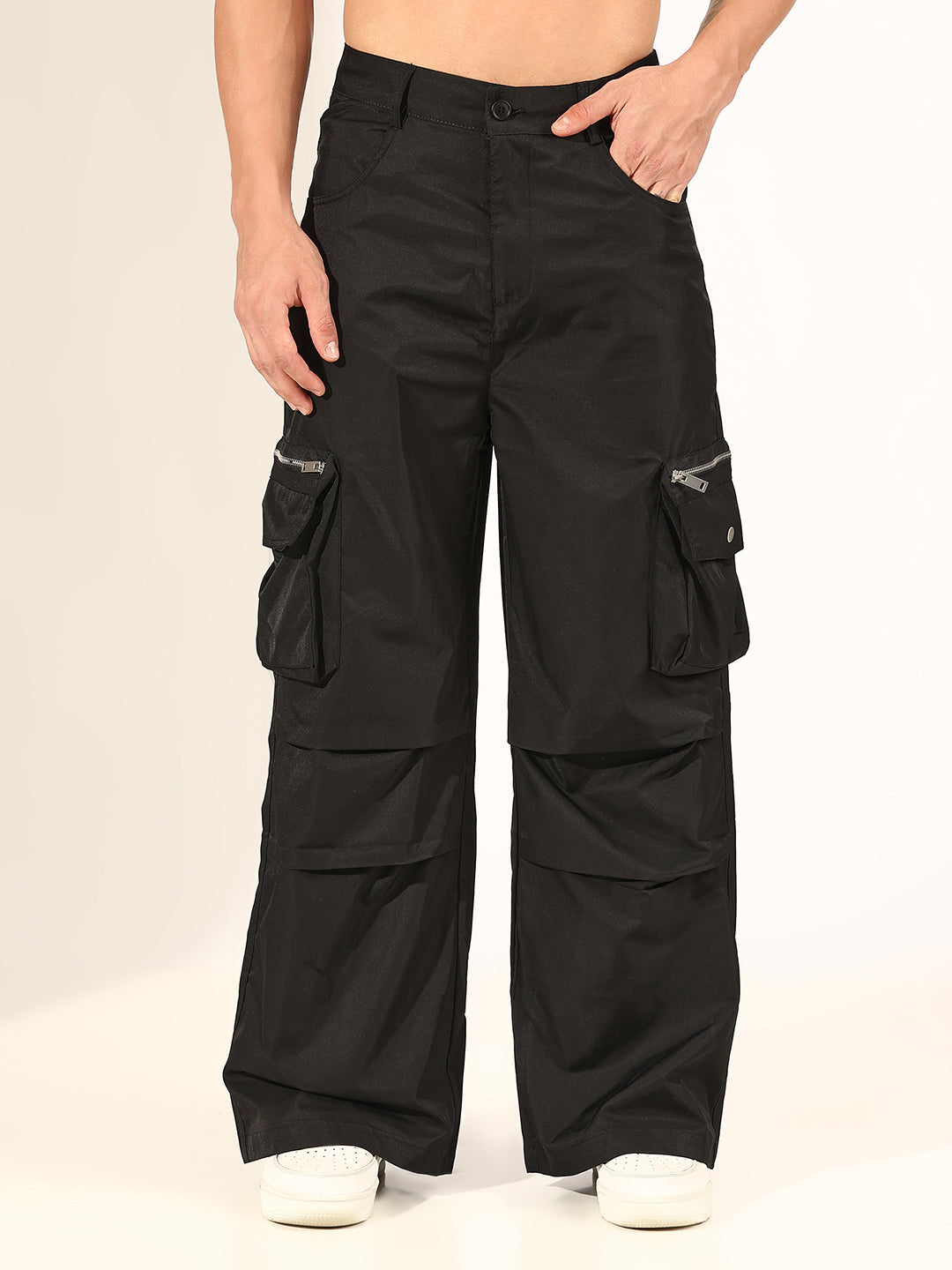 Men's Black Relaxed Fit Cargo Trousers with Multi Utility Pockets