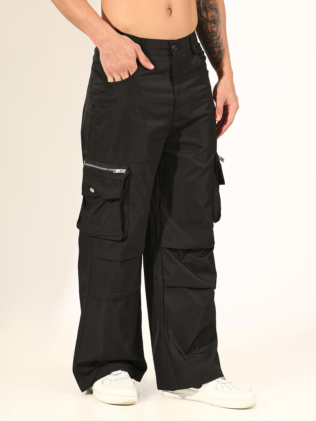 Men's Black Relaxed Fit Cargo Trousers with Multi Utility Pockets