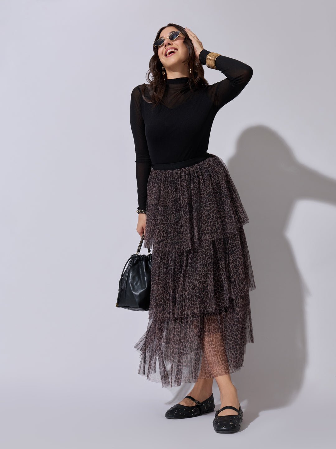 Women's Printed Brown Tiered Mesh Skirt