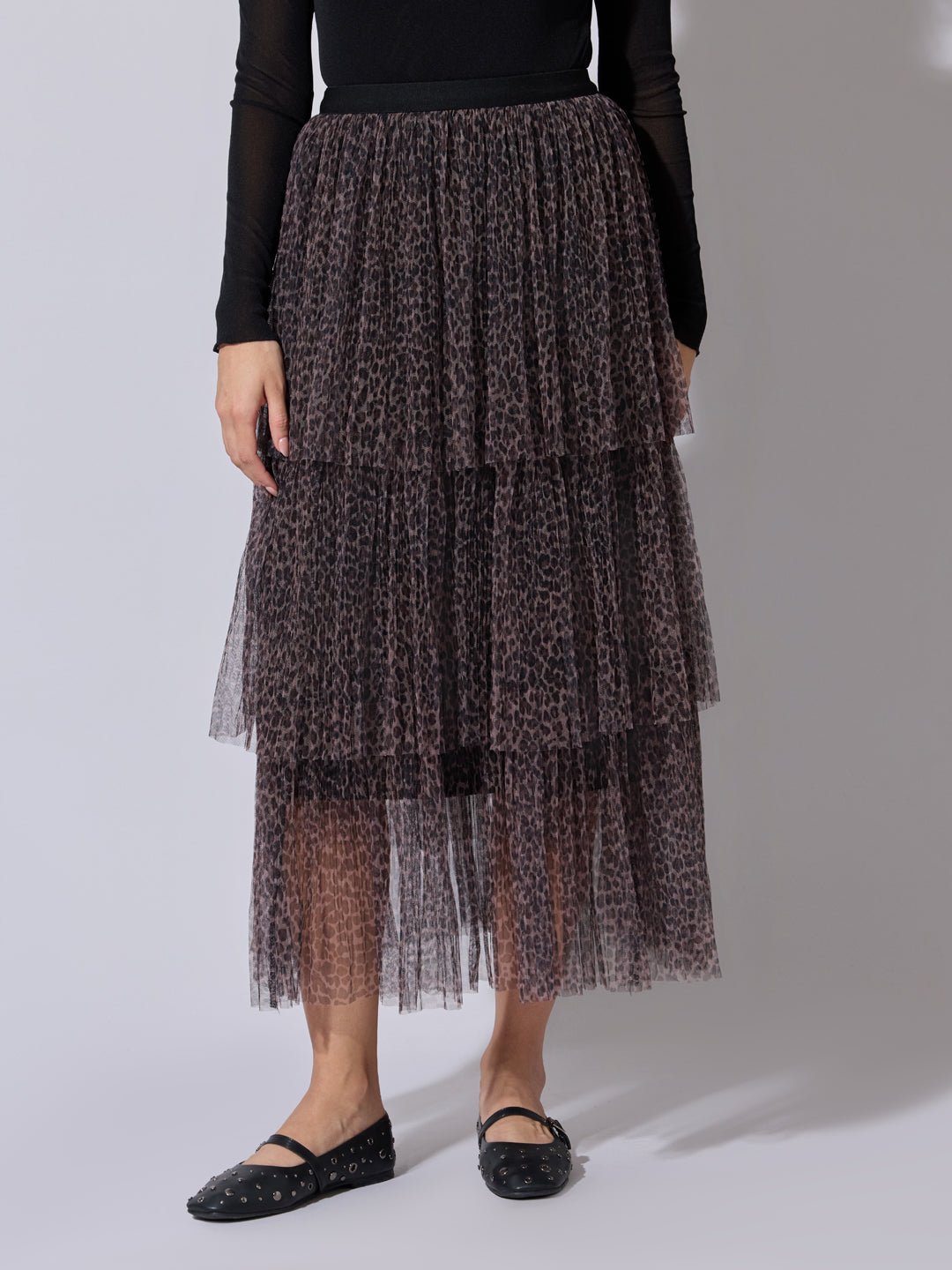 Women's Printed Brown Tiered Mesh Skirt