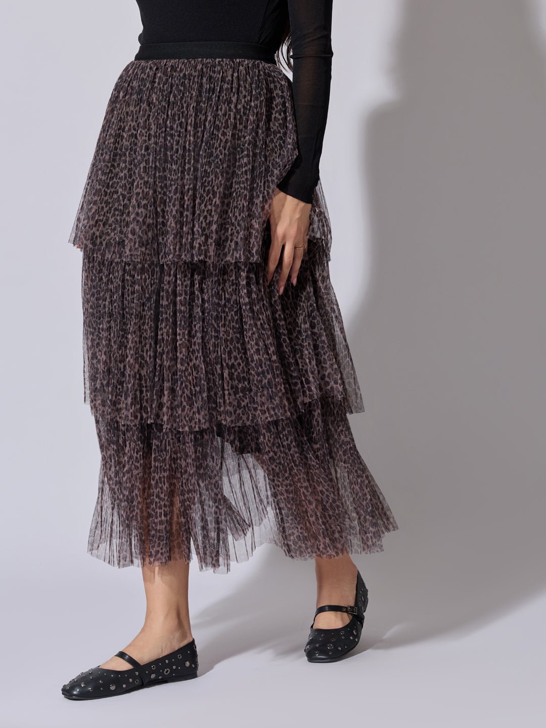 Women's Printed Brown Tiered Mesh Skirt