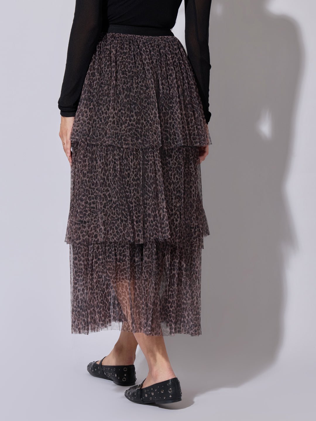 Women's Printed Brown Tiered Mesh Skirt