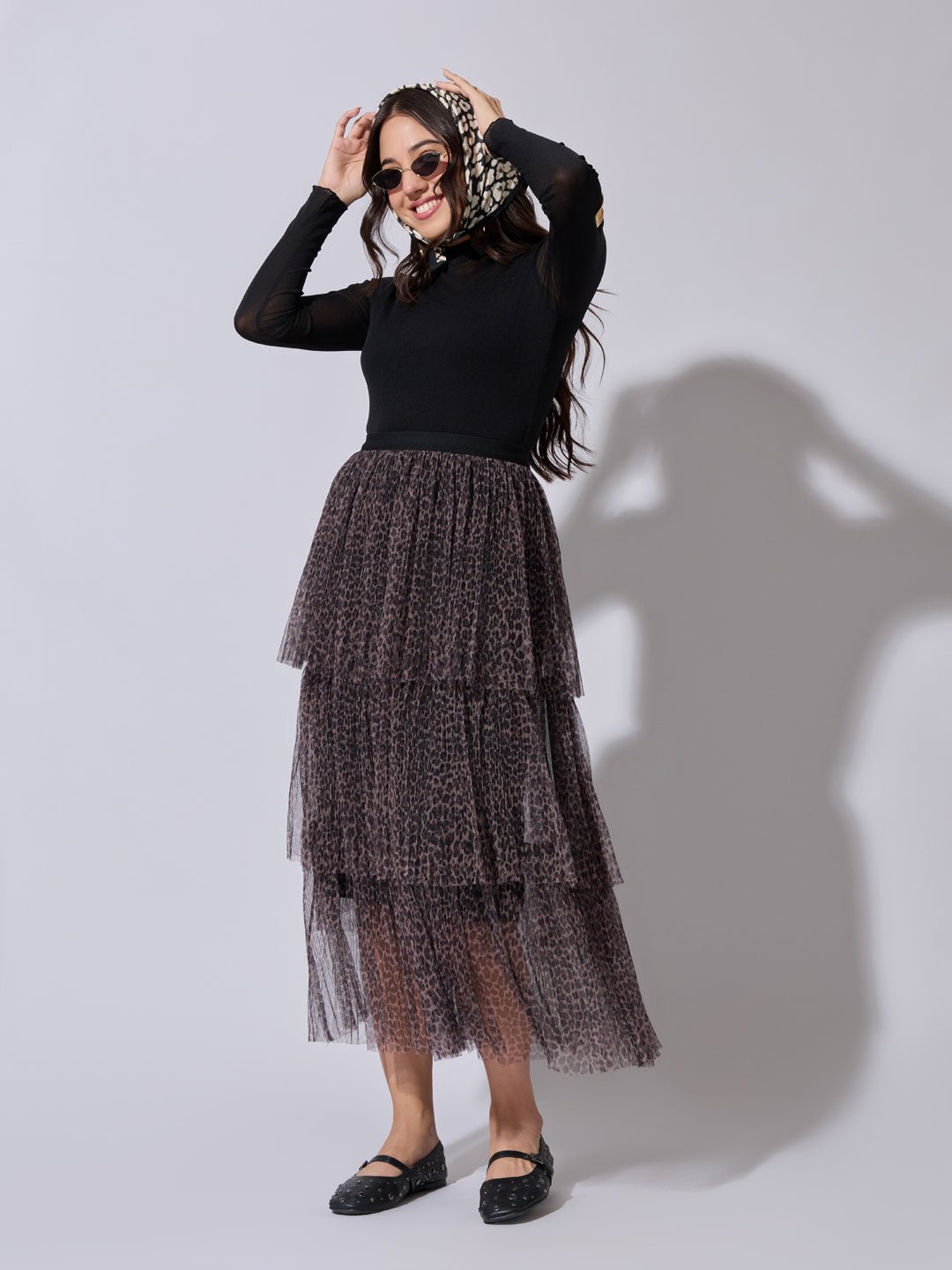 Women's Printed Brown Tiered Mesh Skirt