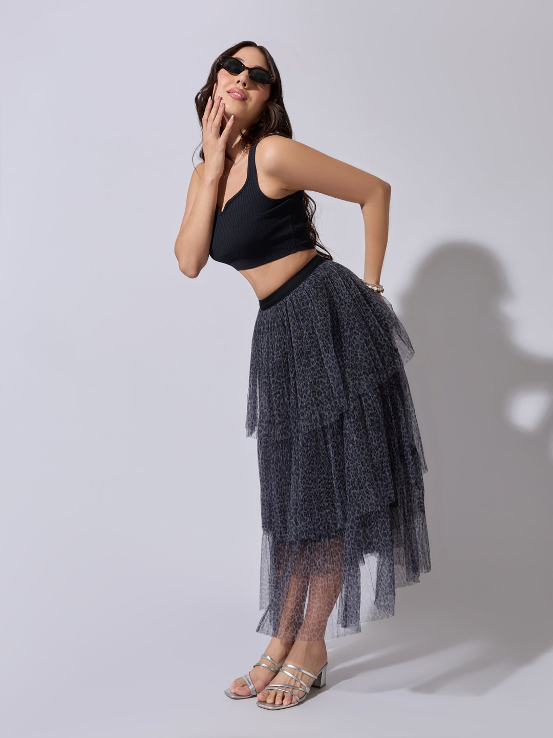 Women's Printed Grey Tiered Mesh Skirt