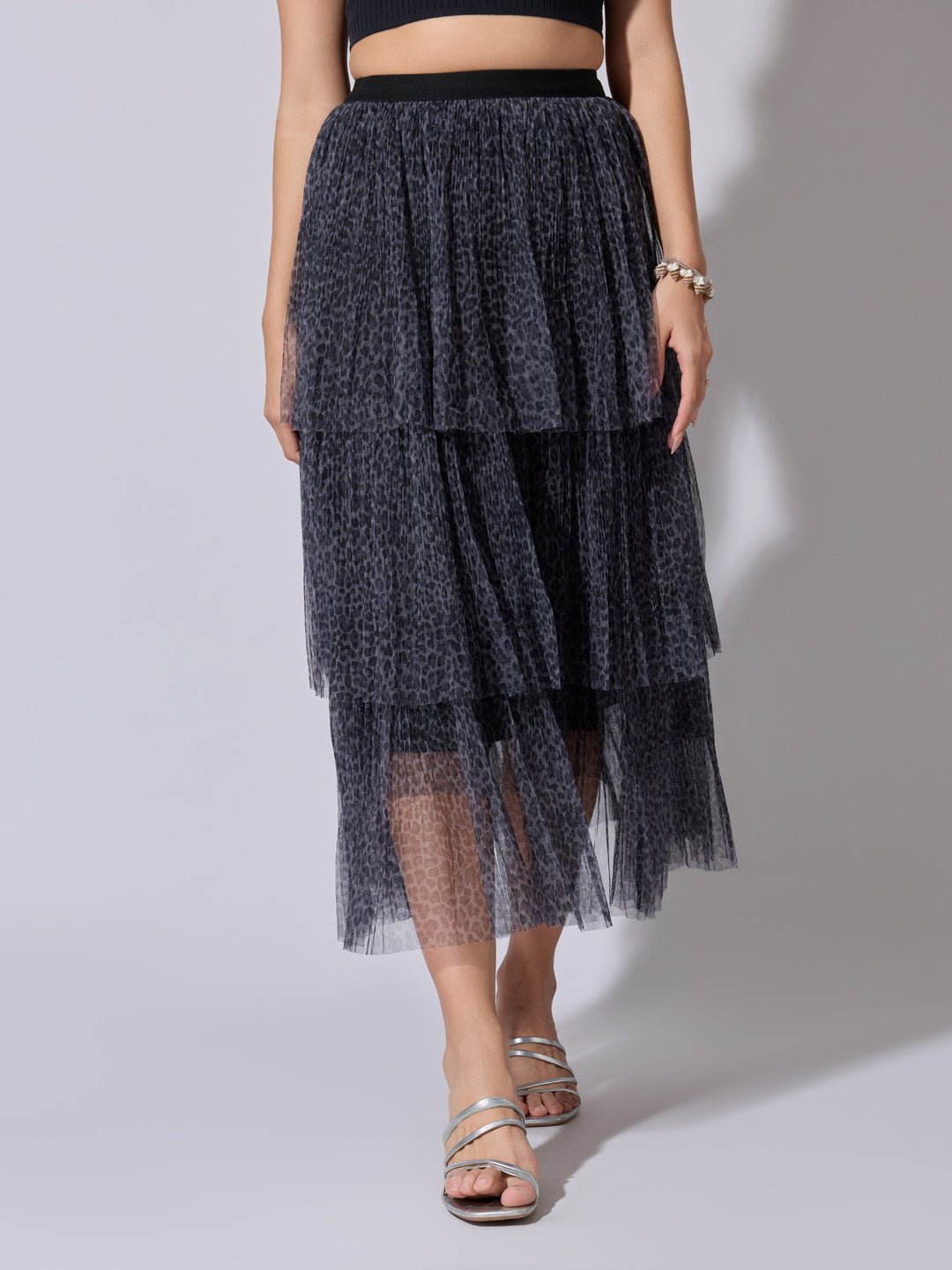 Women's Printed Grey Tiered Mesh Skirt