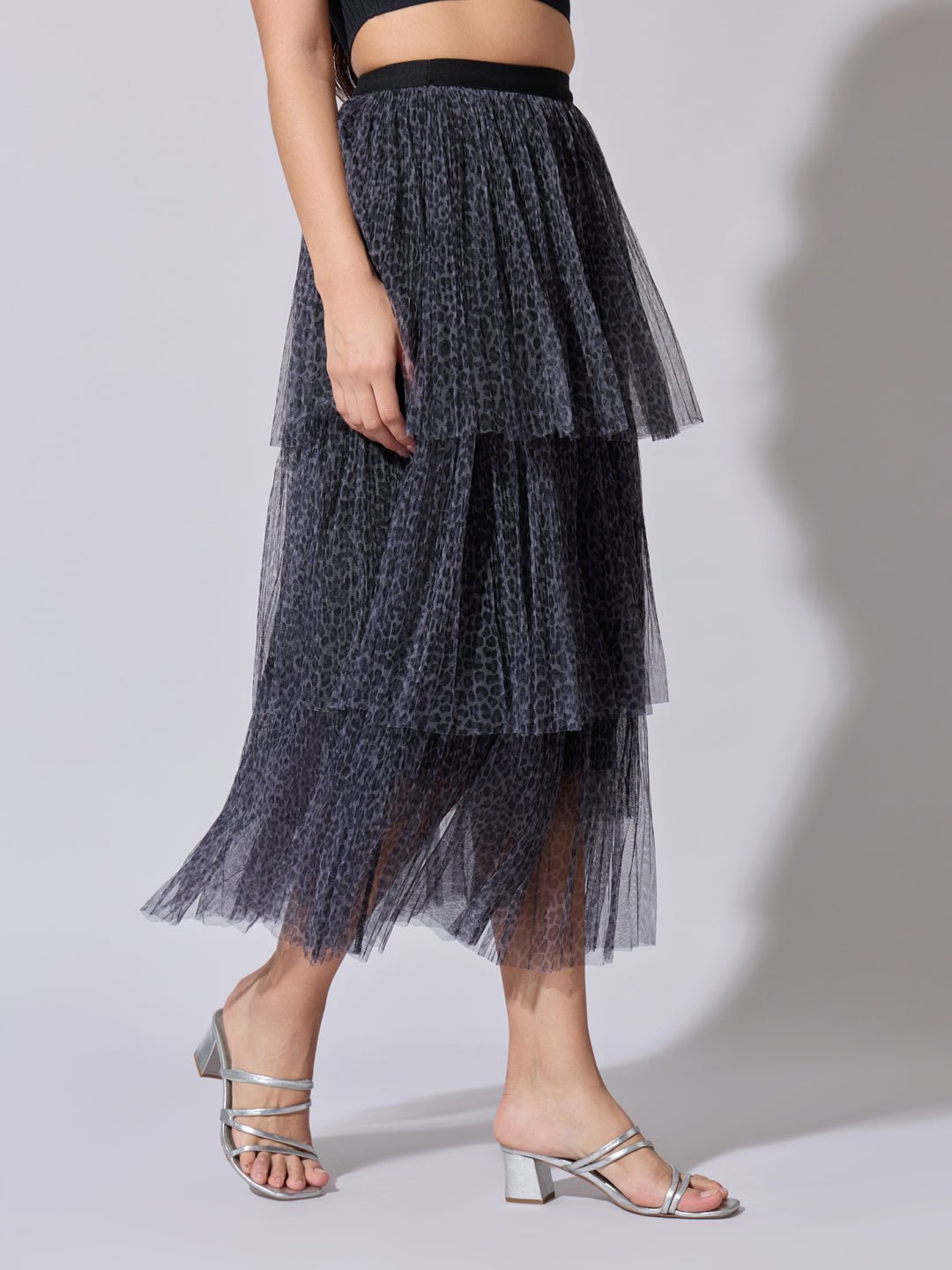 Women's Printed Grey Tiered Mesh Skirt