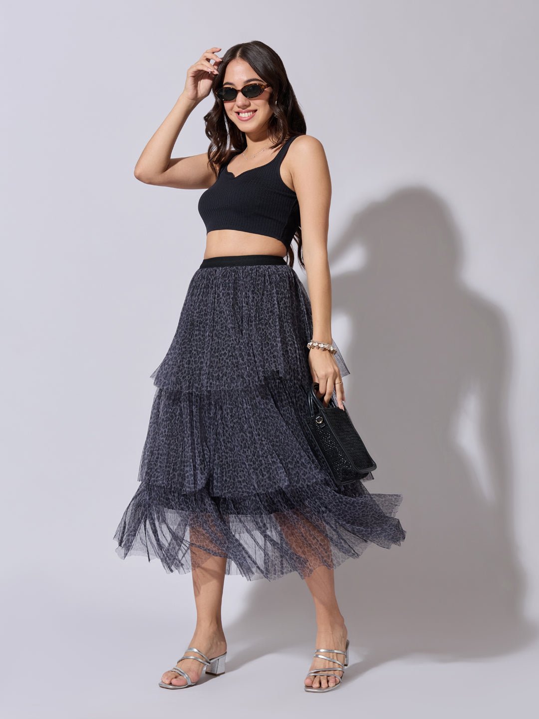 Women's Printed Grey Tiered Mesh Skirt