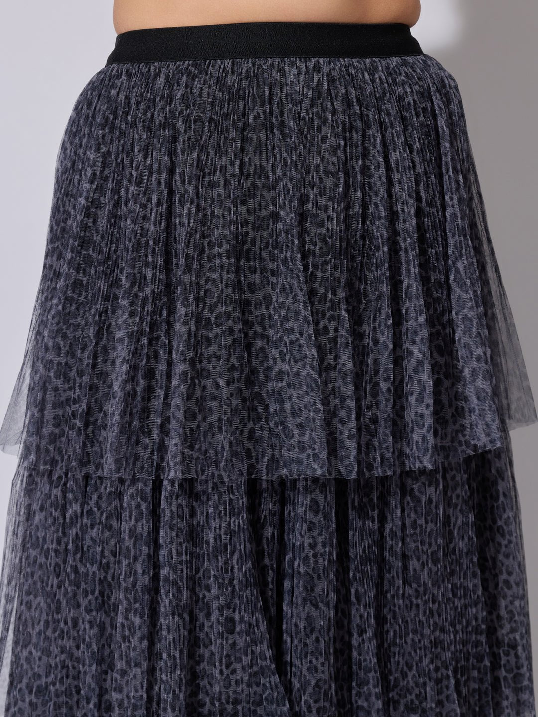 Women's Printed Grey Tiered Mesh Skirt