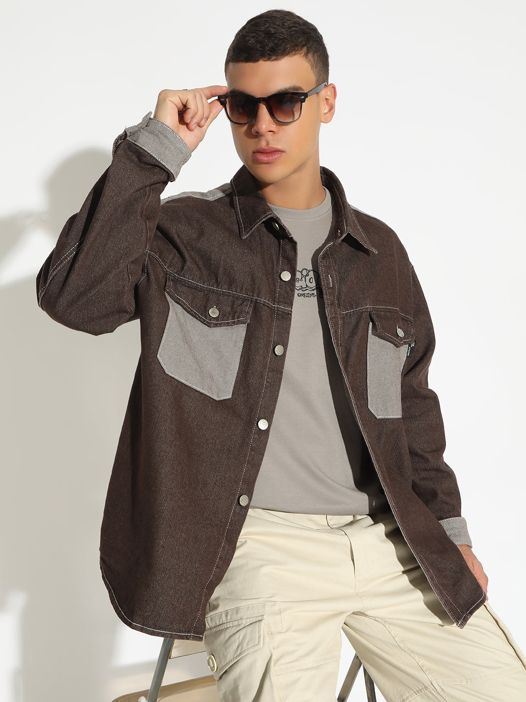 Men's Brown Denim Shirt Jacket with Contrast Chest Pockets