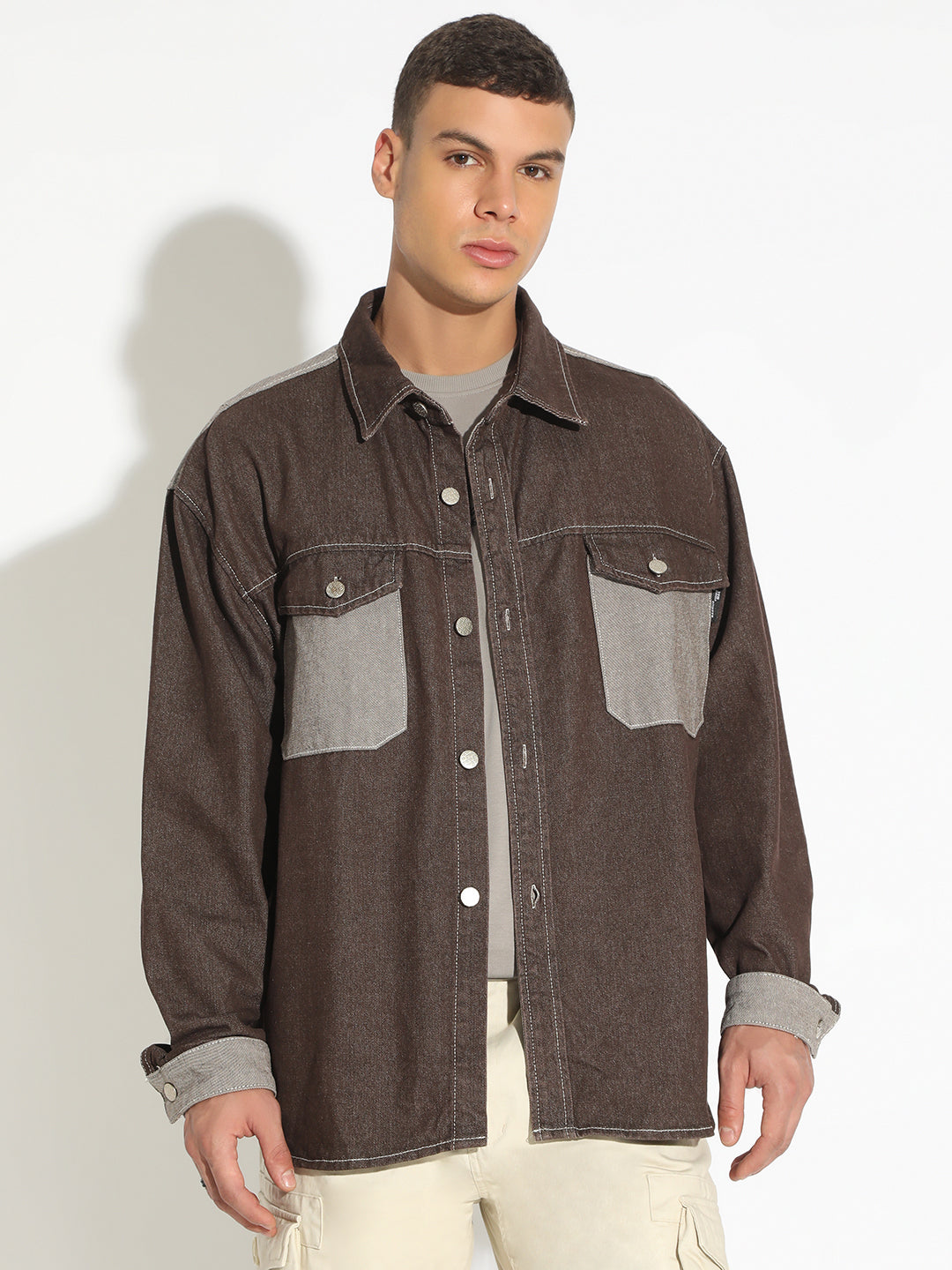 Men's Brown Denim Shirt Jacket with Contrast Chest Pockets