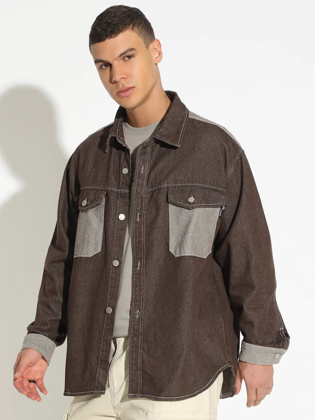 Men's Brown Denim Shirt Jacket with Contrast Chest Pockets