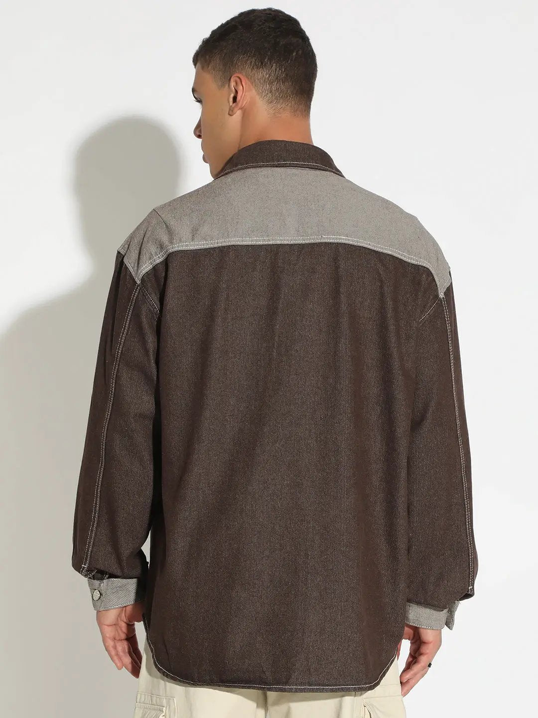 Men's Brown Denim Shirt Jacket with Contrast Chest Pockets