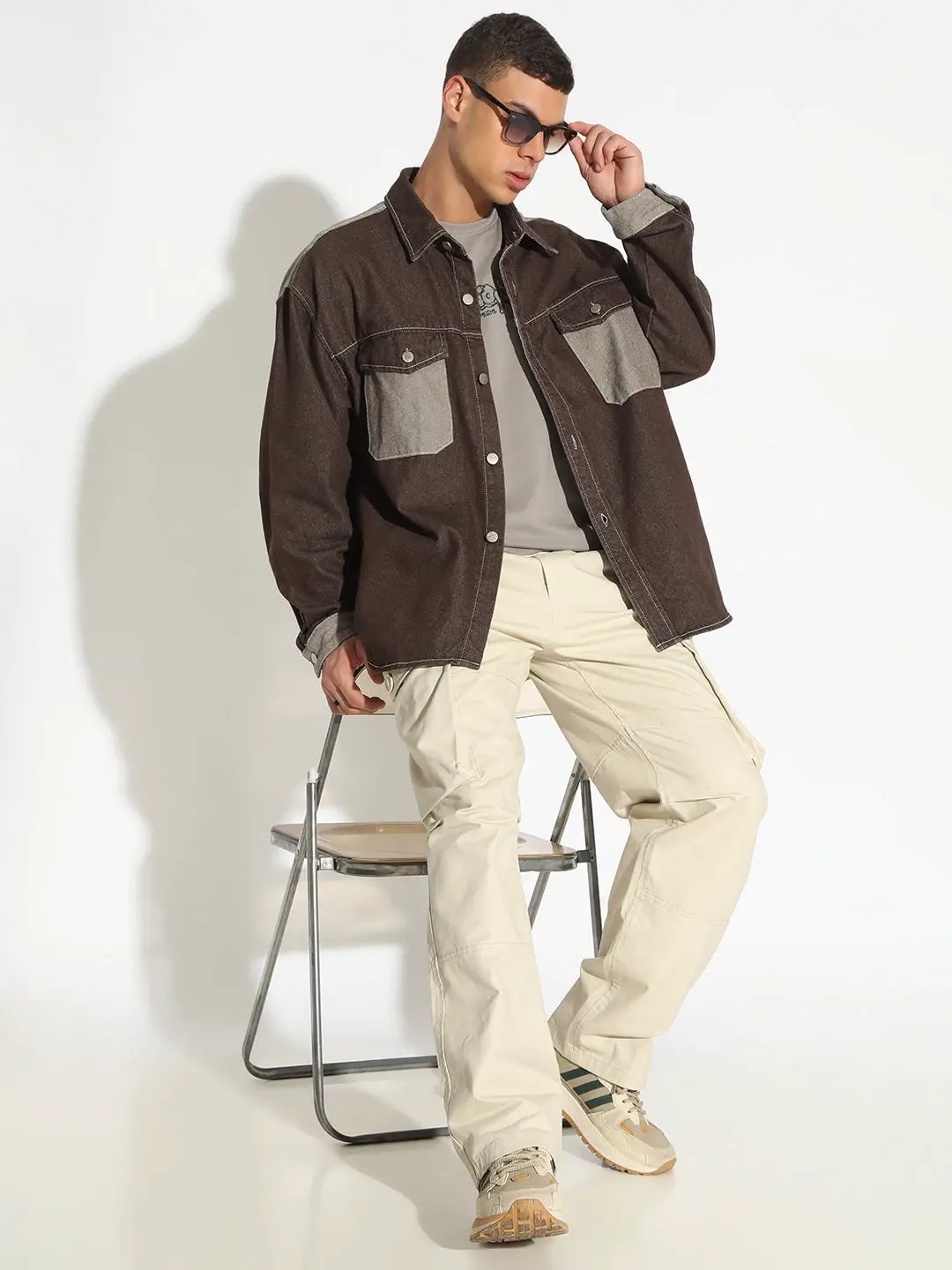 Men's Brown Denim Shirt Jacket with Contrast Chest Pockets