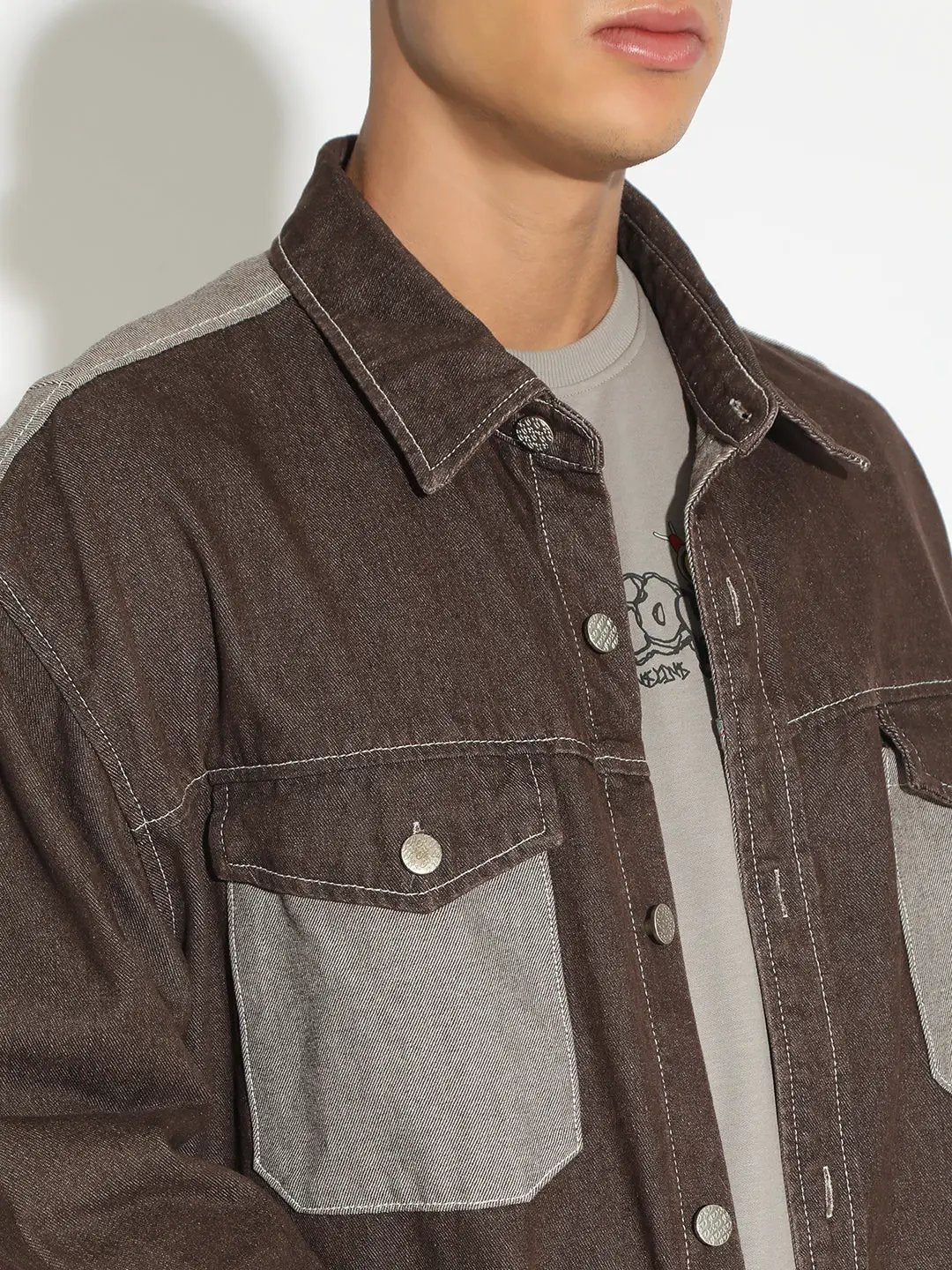 Men's Brown Denim Shirt Jacket with Contrast Chest Pockets