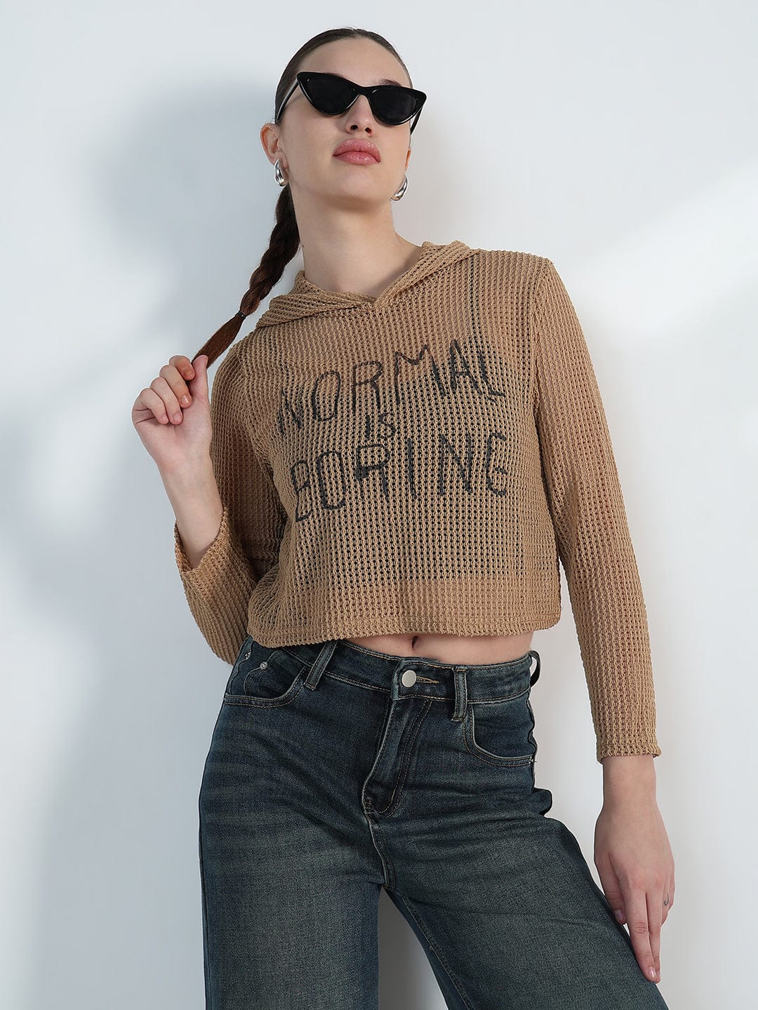 Women's Typography Brown Mesh Cropped Hoodie with Tank Top