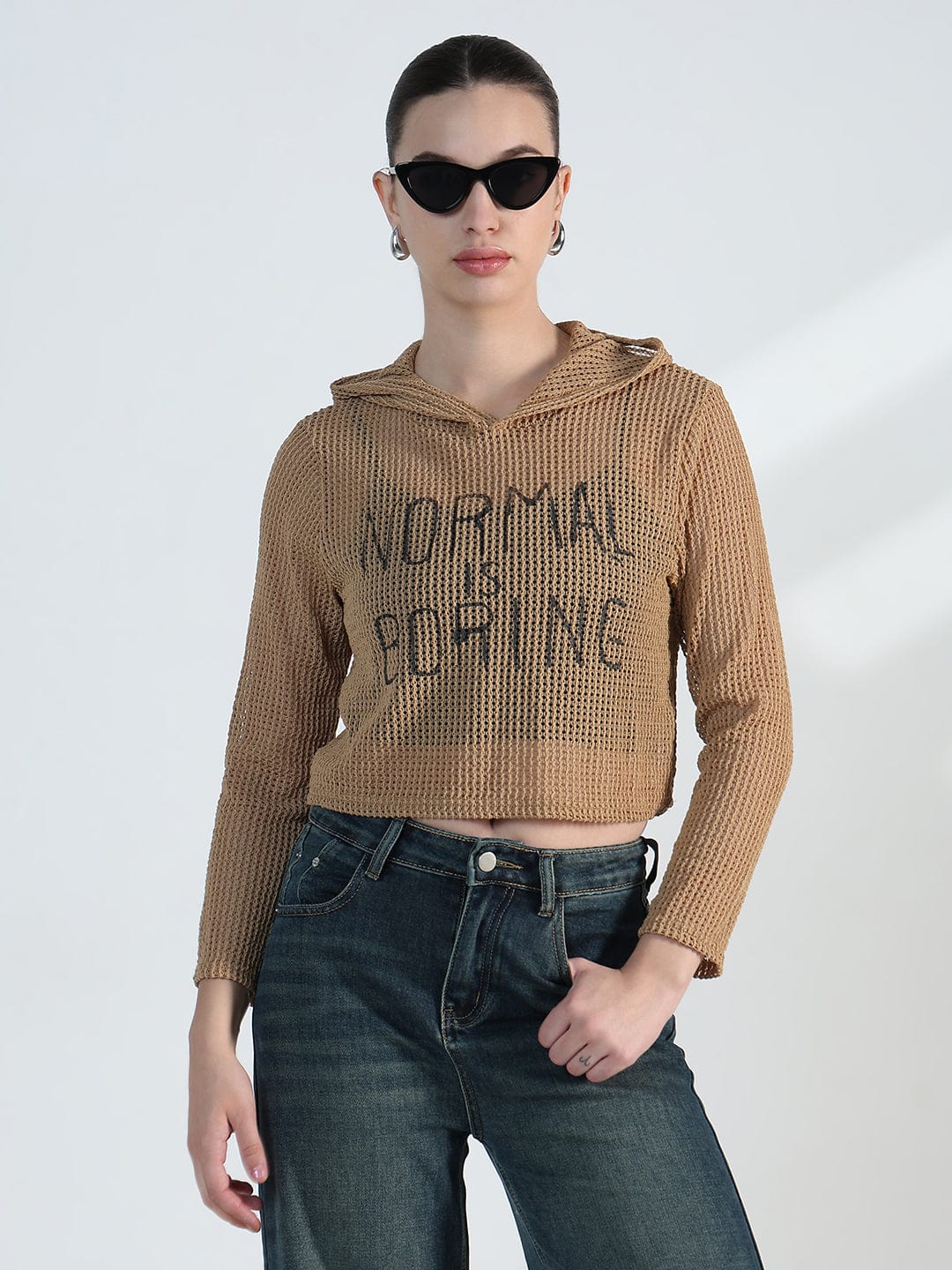Women's Typography Brown Mesh Cropped Hoodie with Tank Top