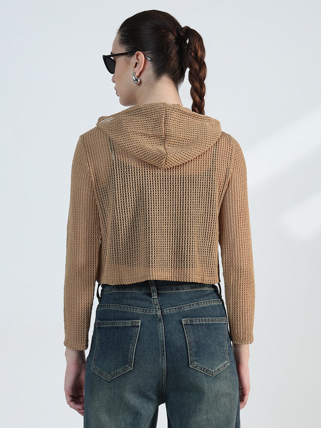 Women's Typography Brown Mesh Cropped Hoodie with Tank Top