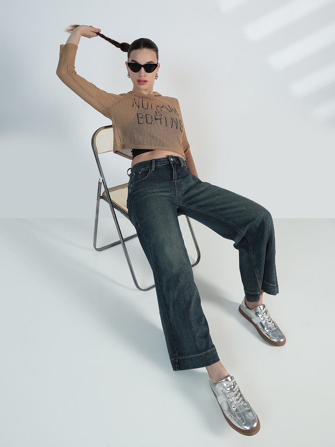 Women's Typography Brown Mesh Cropped Hoodie with Tank Top