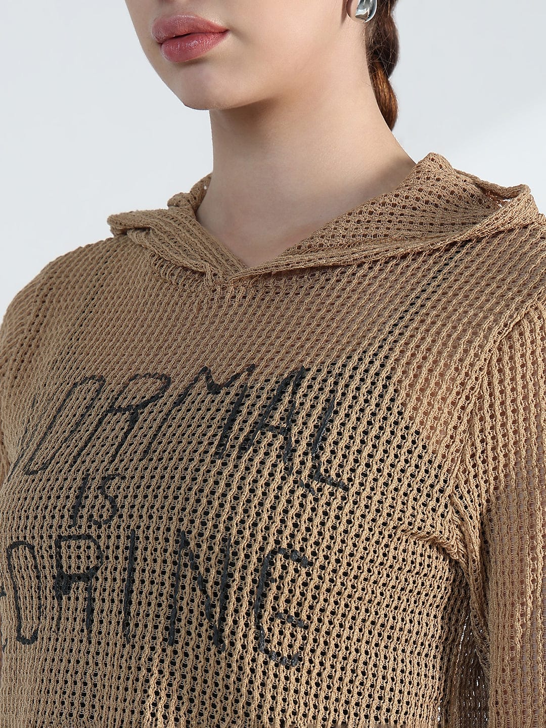 Women's Typography Brown Mesh Cropped Hoodie with Tank Top