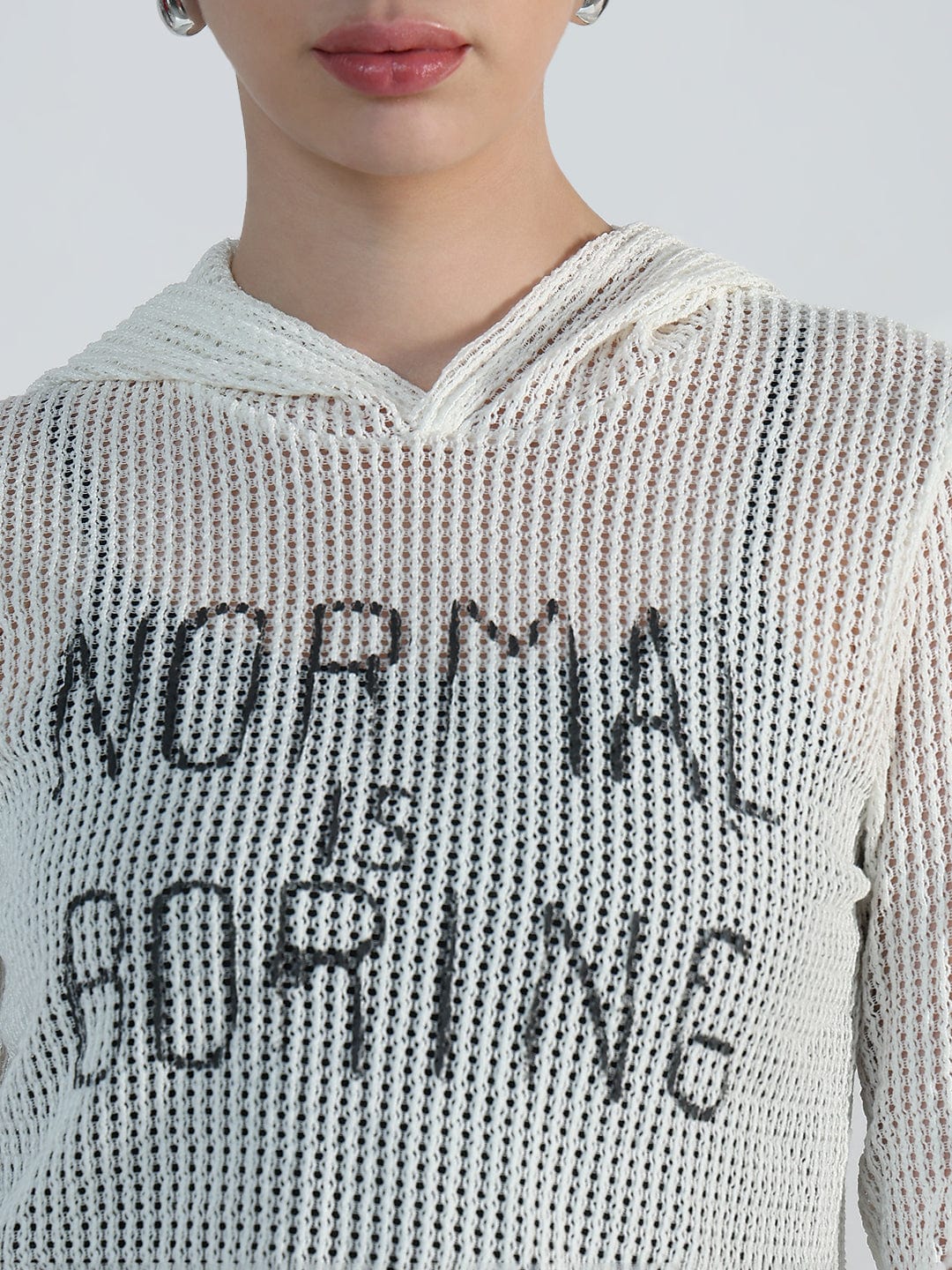Women's Typography White Mesh Cropped Hoodie with Tank Top