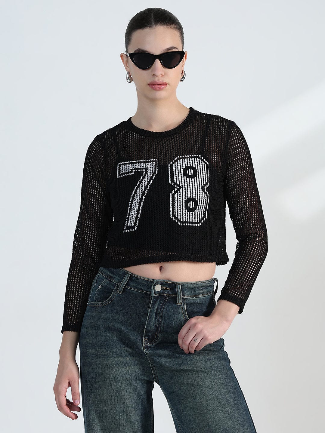 Women's Typography Black Mesh Full Sleeve Top