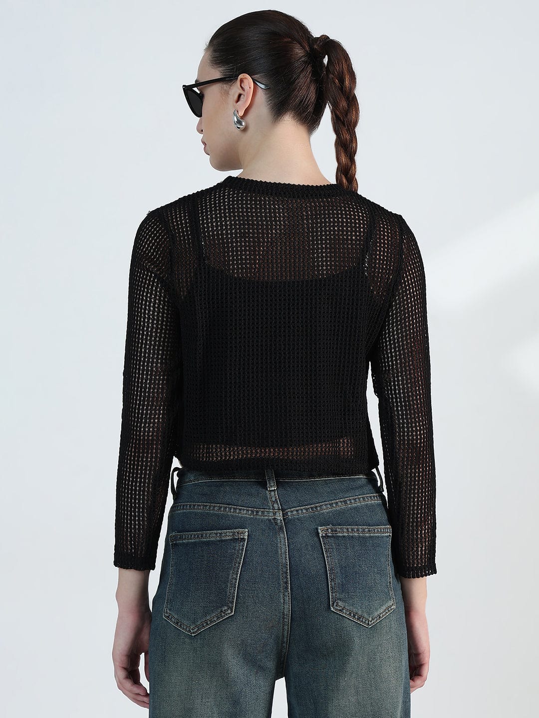 Women's Typography Black Mesh Full Sleeve Top