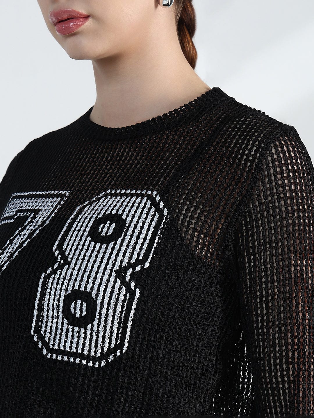Women's Typography Black Mesh Full Sleeve Top